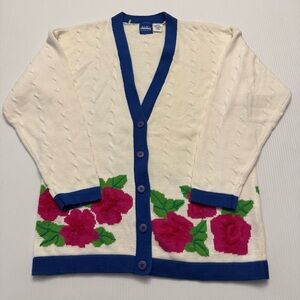 Vintage EP Pro by Evan Picone Cardigan Sweater Cream Blue Pink Floral Medium